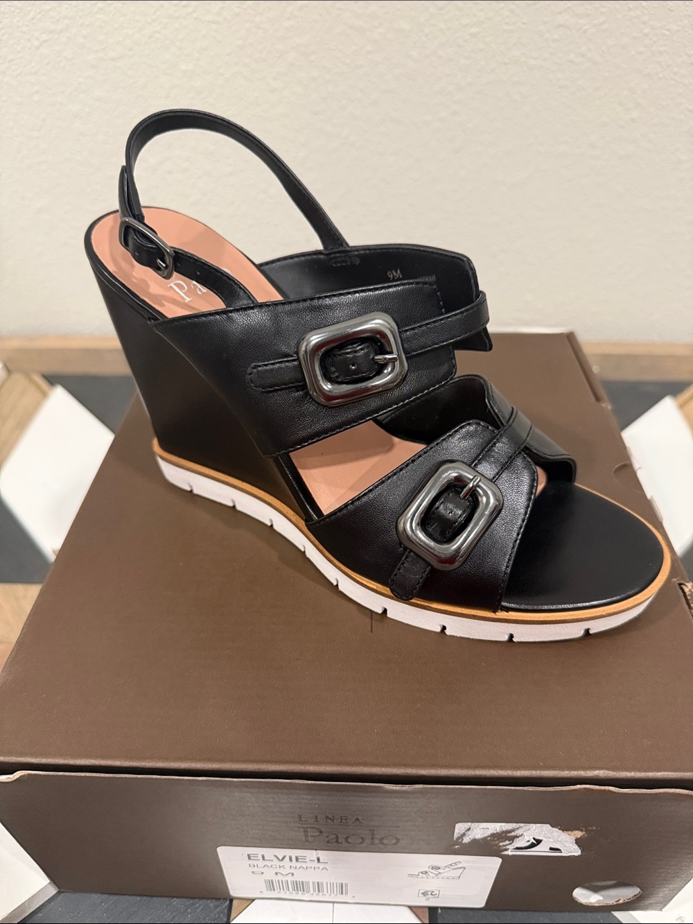 Linea Paolo Elvie Black Leather Wedge Sandal with Silver Buckles Size 9 New